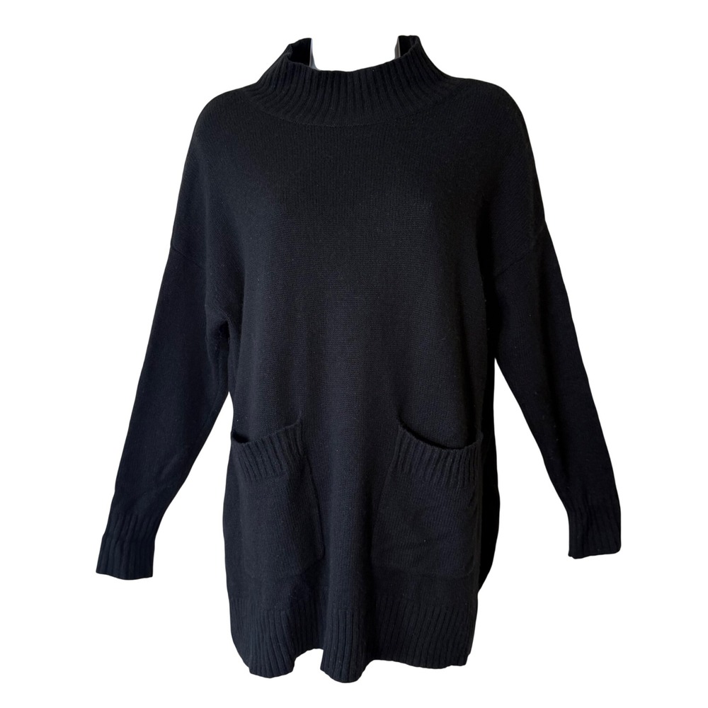 Ann Taylor Wool Cashmere Blend Knit Tunic Sweater Pockets Black S Casual Elegant